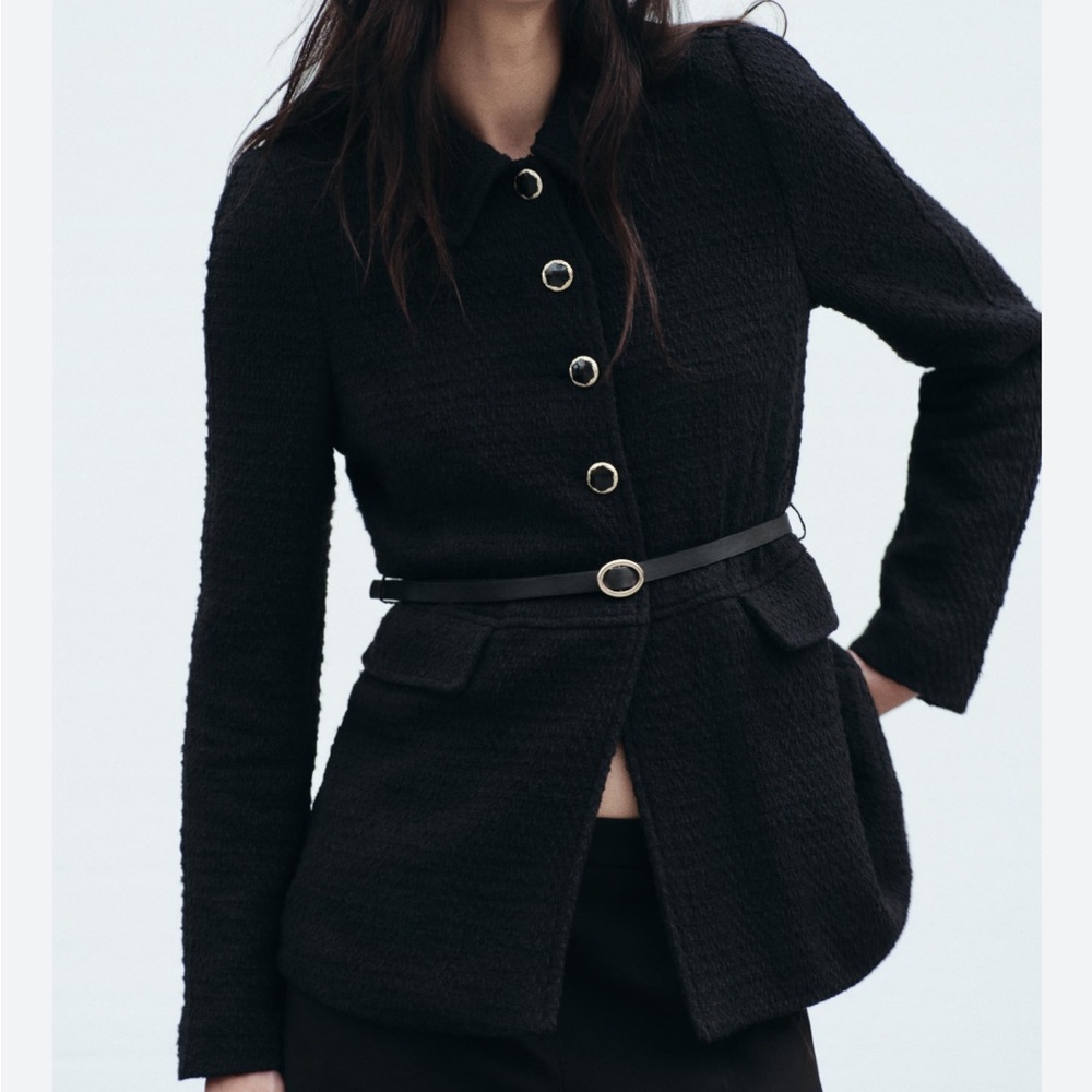 Zara Black Textured Peplum Belted Jacket